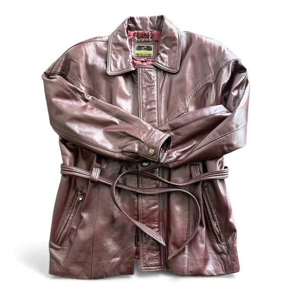 Hennessy 1765 Vintage Burgundy Leather Jacket with Belt - Picture 1 of 15